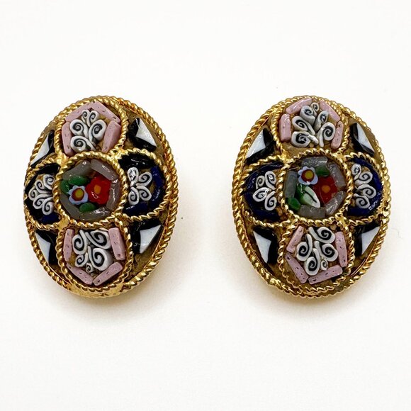 Jewelry - Vintage 1950s-1960s Italian Micro Mosaic Oval Clip on Earrings
